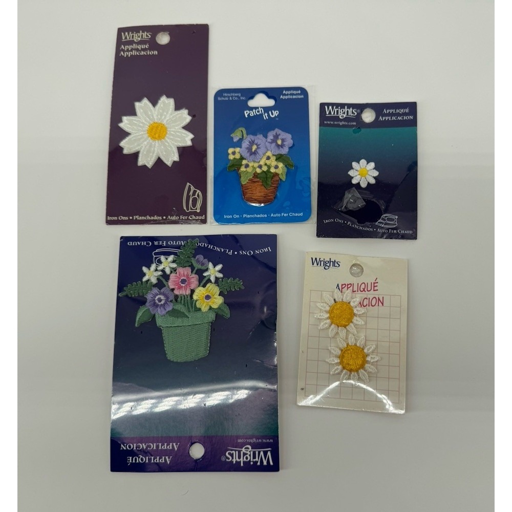 Vintage Floral Iron On Patch Lot Wrights Daisy Flower Pot Applique Cottagecore